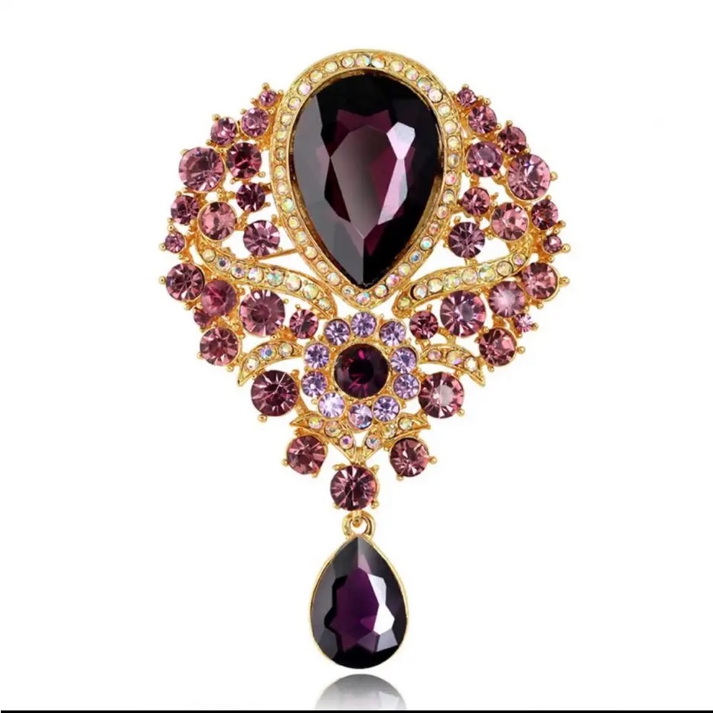 PURPLE CHRYSTAL WATER DROP BROOCH / PIN
